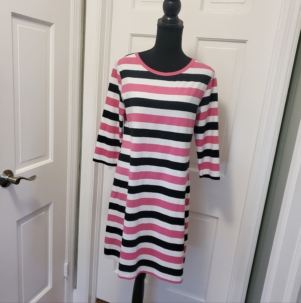 NWT Tyler Boe Pink, Black, & White Striped Cotton Dress Size Medium, Retail $118